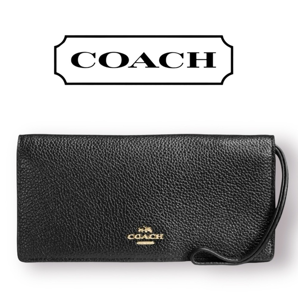 COACH Slim Wallet in Polished Pebbled Leather- Black Preloved​